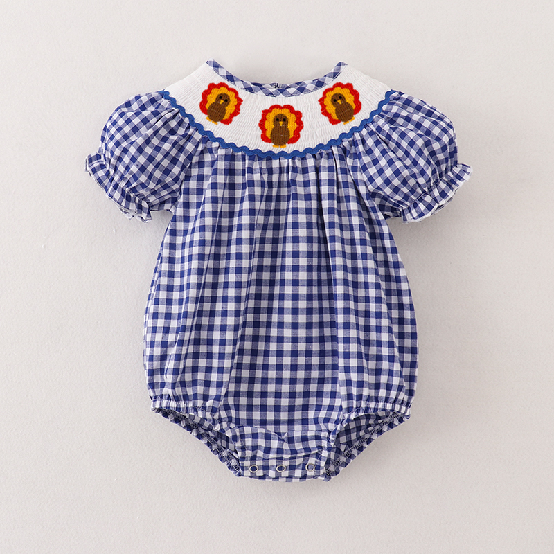 (Pre Order)Baby Girls Blue Plaid Thanksgiving Embroidery Smocked Romper