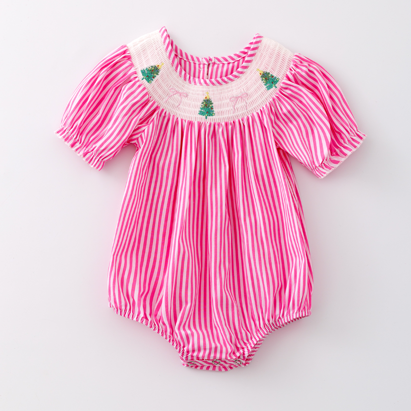(Pre Order)Baby Girls Pink Stripe Christmas Embroidery Smocked Romper