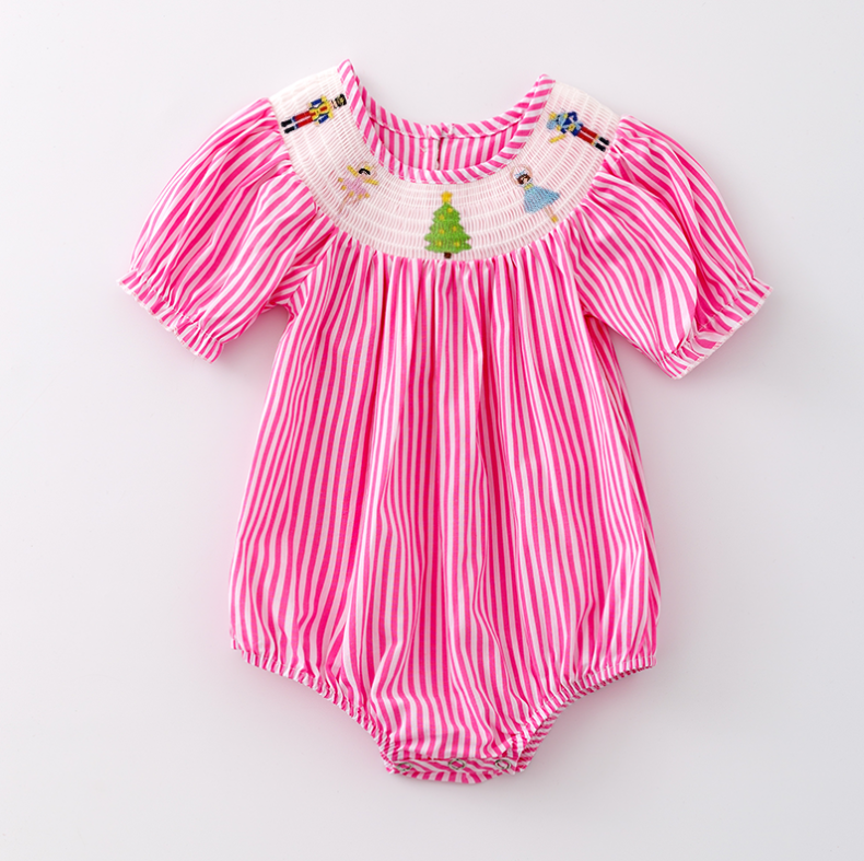 (Pre Order)Baby Girls Pink Stripe Christmas Embroidery Smocked Romper