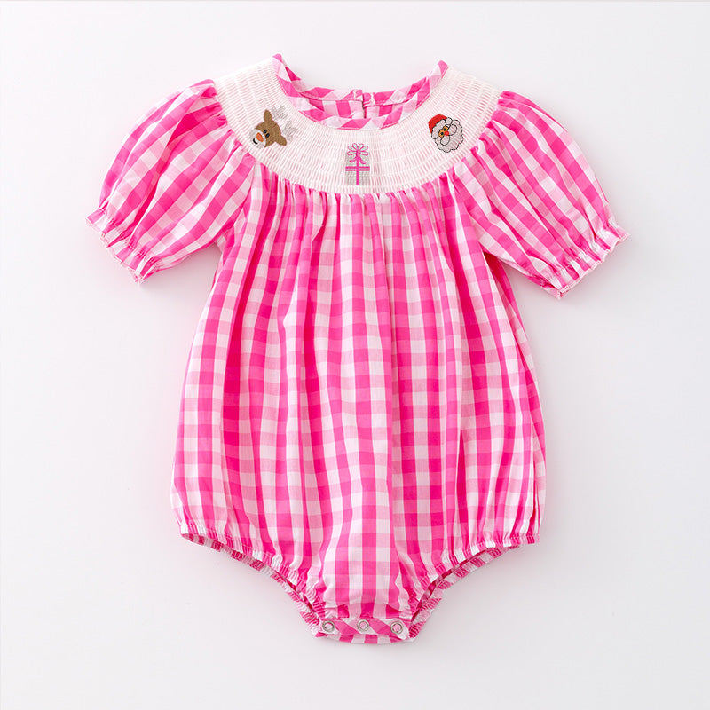(Pre Order)Baby Girls Pink Plaid Christmas Embroidery Smocked Romper