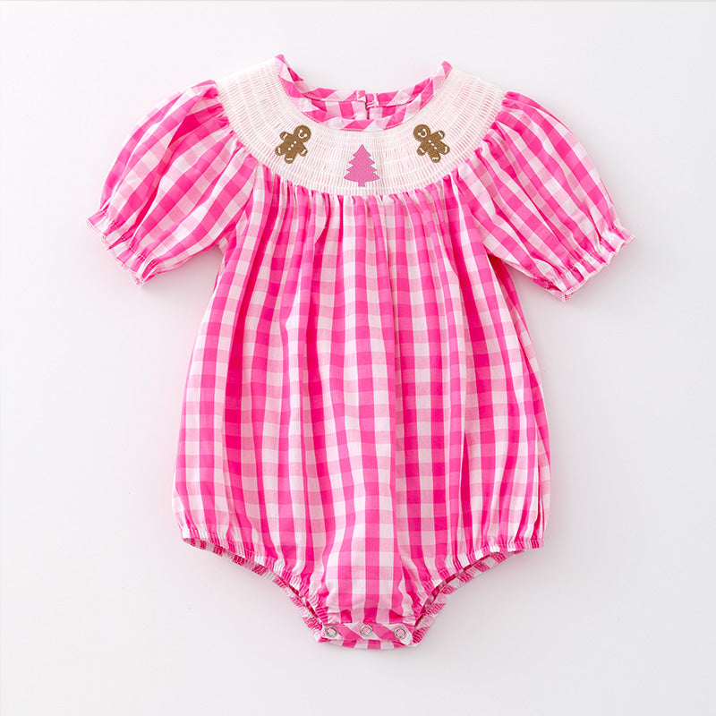(Pre Order)Baby Girls Pink Plaid Christmas Embroidery Smocked Romper