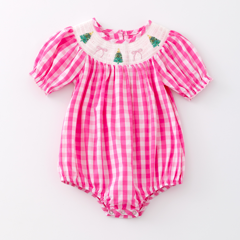 (Pre Order)Baby Girls Pink Plaid Christmas Embroidery Smocked Romper