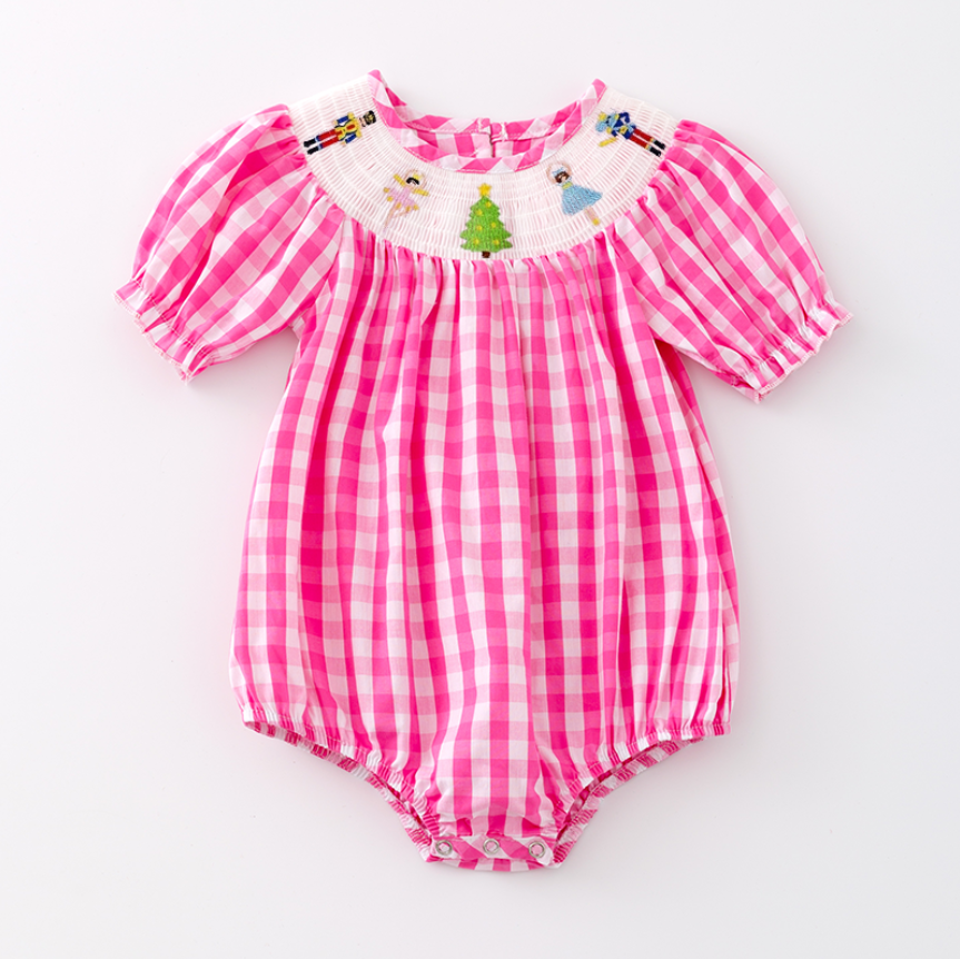 (Pre Order)Baby Girls Pink Plaid Christmas Embroidery Smocked Romper