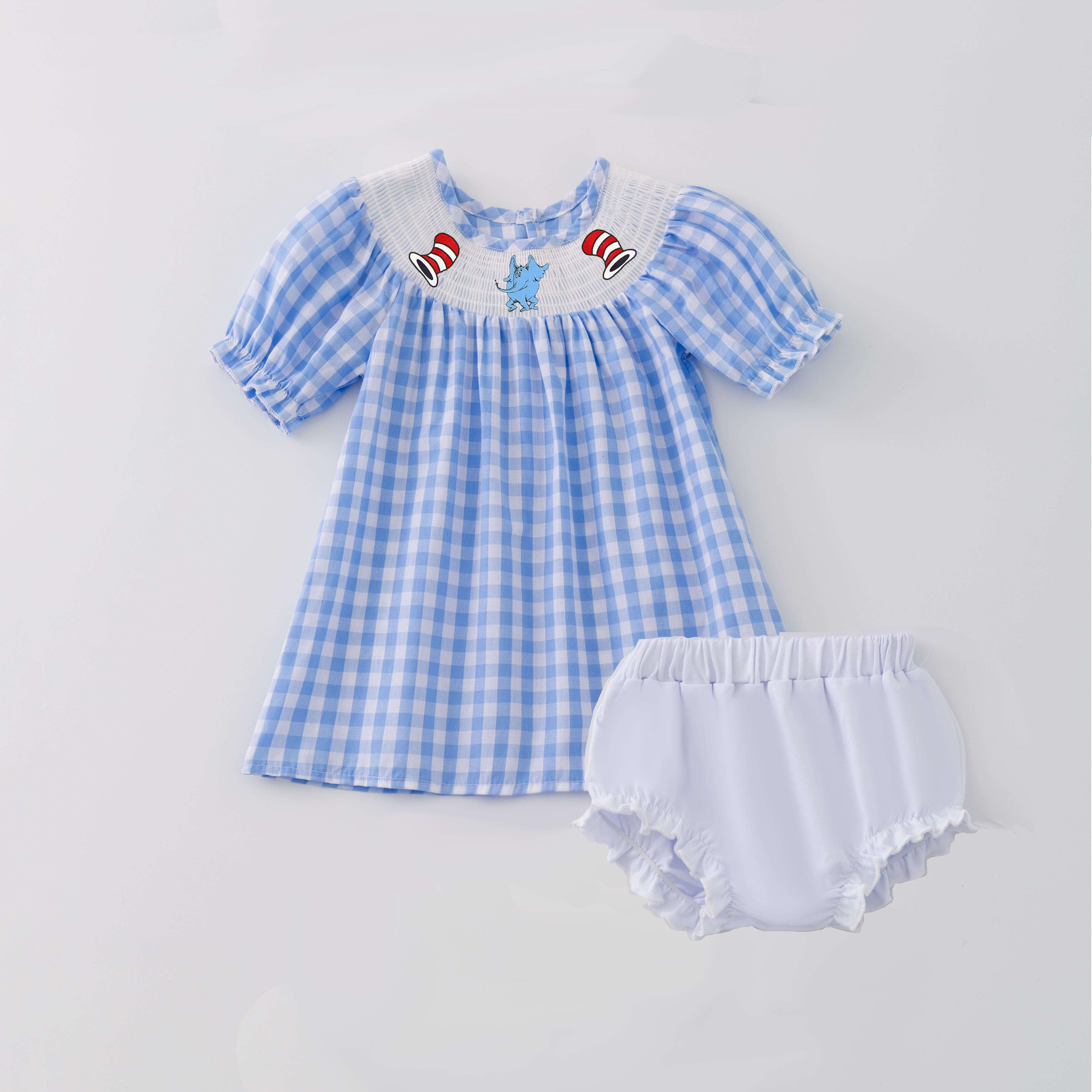 (Pre Order)Girls and Boys DR SEUSS Embroidery Smocked Dress Romper Outfit