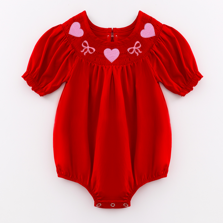 (Pre Order)Girls Valentine's Day Embroidery Smocked Dress and Romper