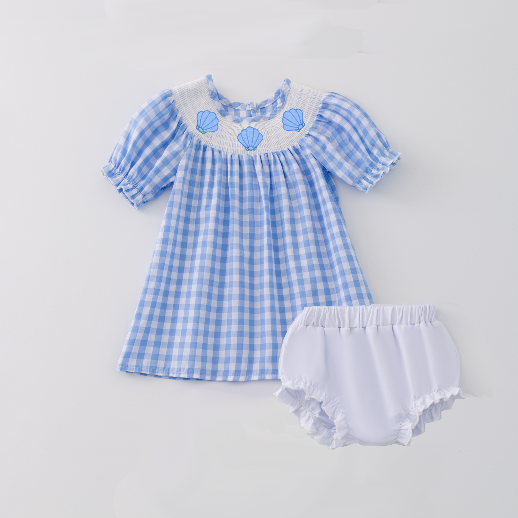 (Pre Order)Girls and Boys Spring&Summer Sea Shell Embroidery Smocked Dress Romper Outfit