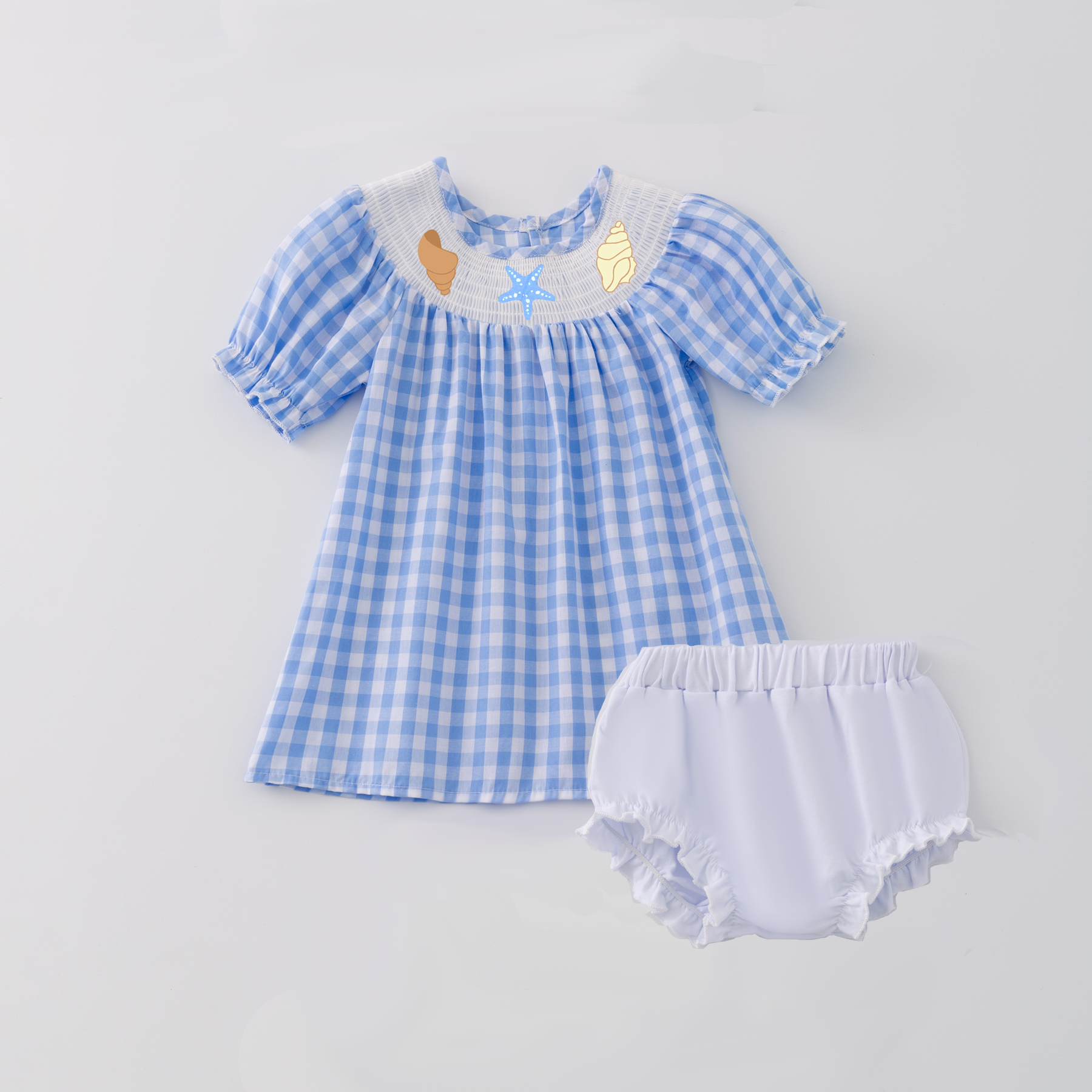 (Pre Order)Girls and Boys Spring&Summer Sea Shell Embroidery Smocked Dress Romper Outfit