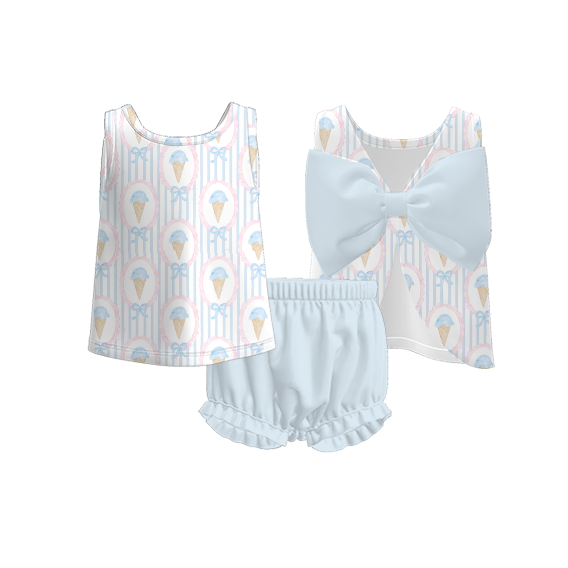(Pre Order)Toddler Girls Spring and Summer Bow&Ice Cream Print Bloomer Set