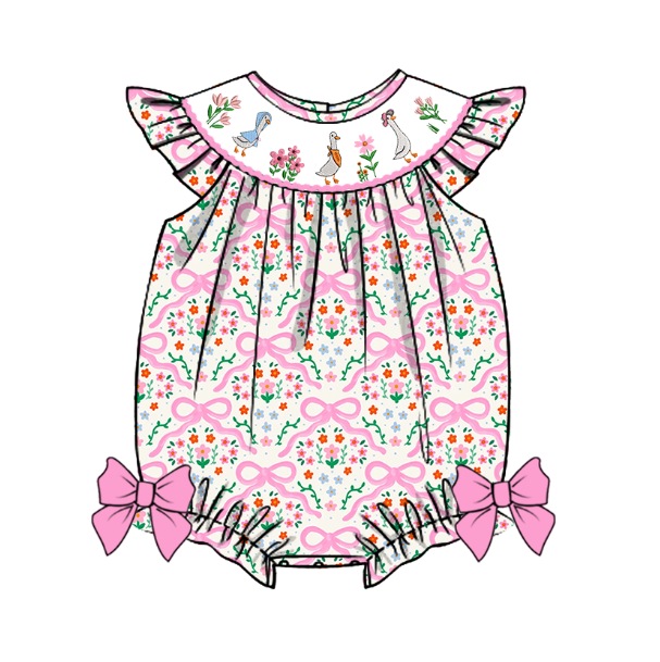 (Pre Order)Sisters Spring and Summer Goose Embroidery Smocked Romper