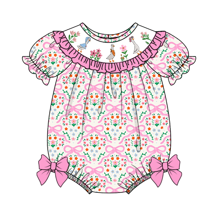 (Pre Order)Sisters Spring and Summer Goose Embroidery Smocked Romper