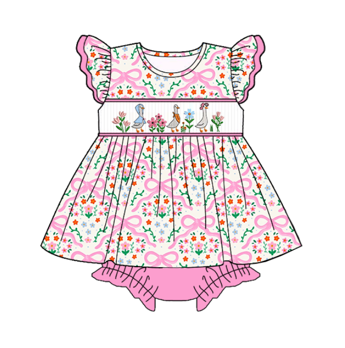 (Pre Order)Sisters Spring and Summer Goose Embroidery Smocked Dress&Bloomer Set