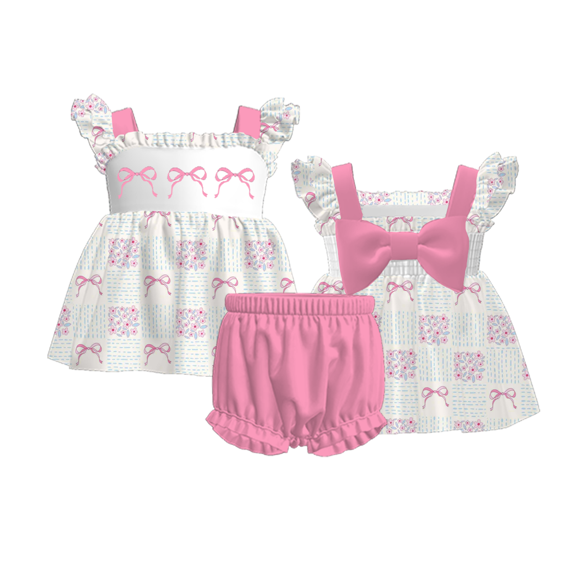 (Pre Order)Girls Summer Bow Embroidery Smocked Bloomer Set