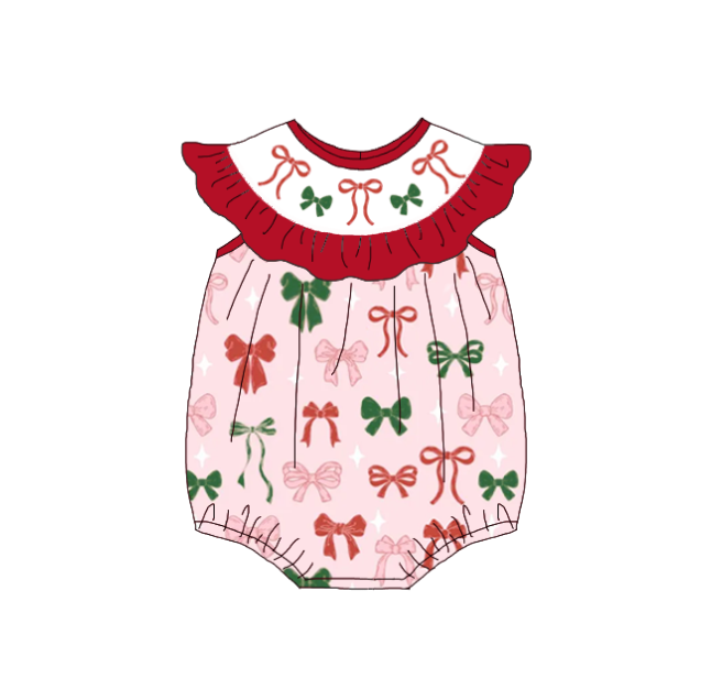 (Pre Order)Sisters Christmas Bow Embroidery Smocked Dress&Romper