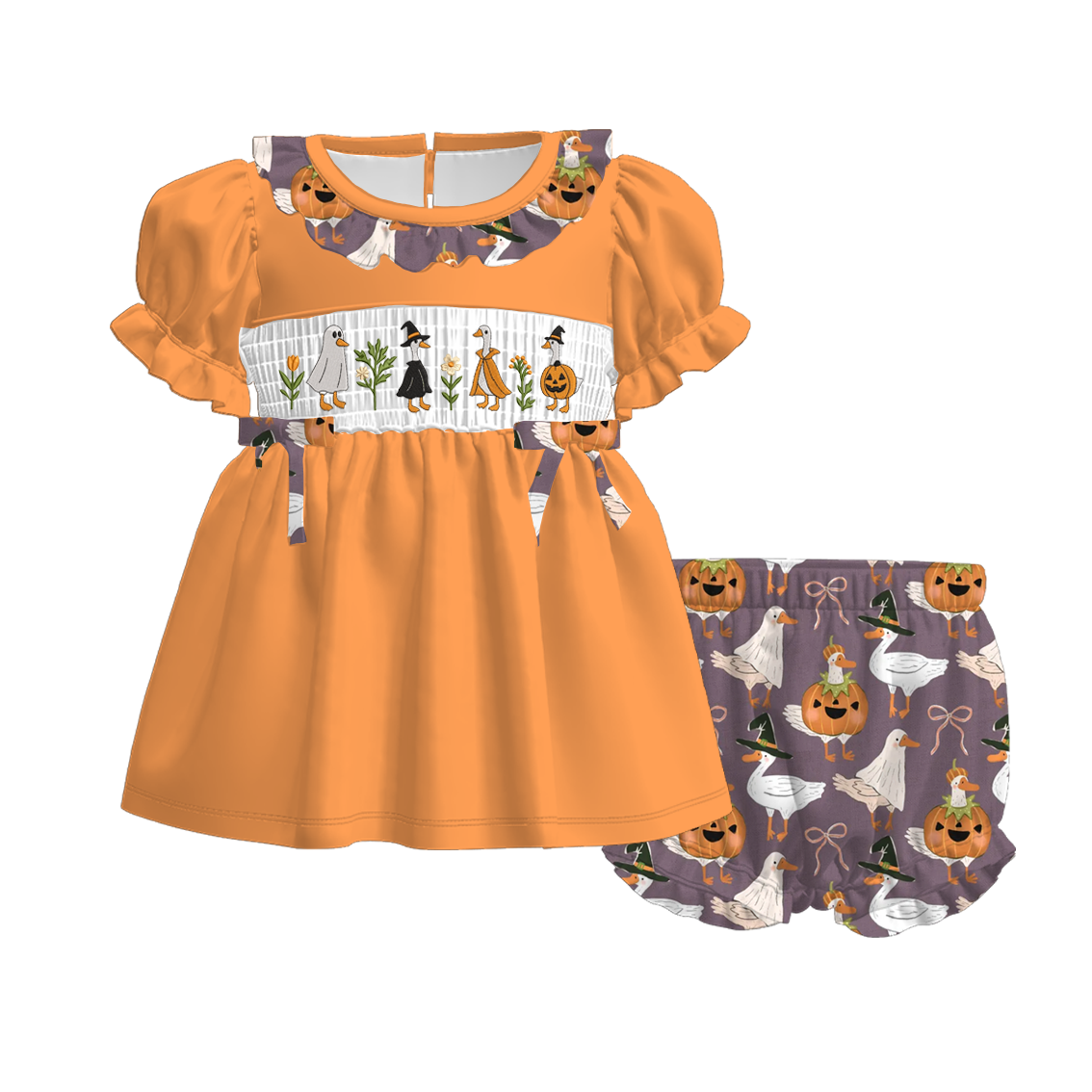 (Pre Order)Sisters Halloween Goose Embroidery Smocked Dress&Romper