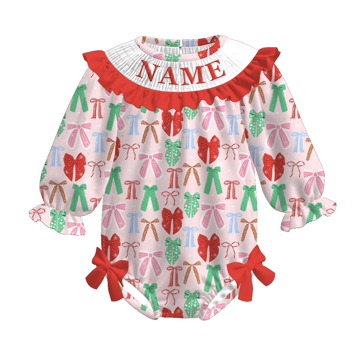 (Pre Order)Sisters Christmas Bow Embroidery Smocked Dress&Romper