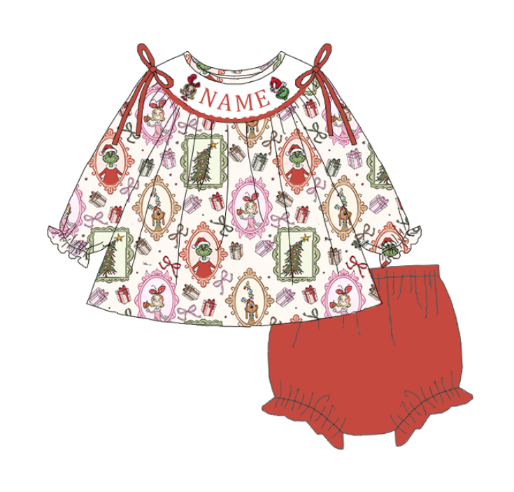 (Pre Order)Sisters Christmas Cartoon Embroidery Smocked Dress,Pajamas&Romper