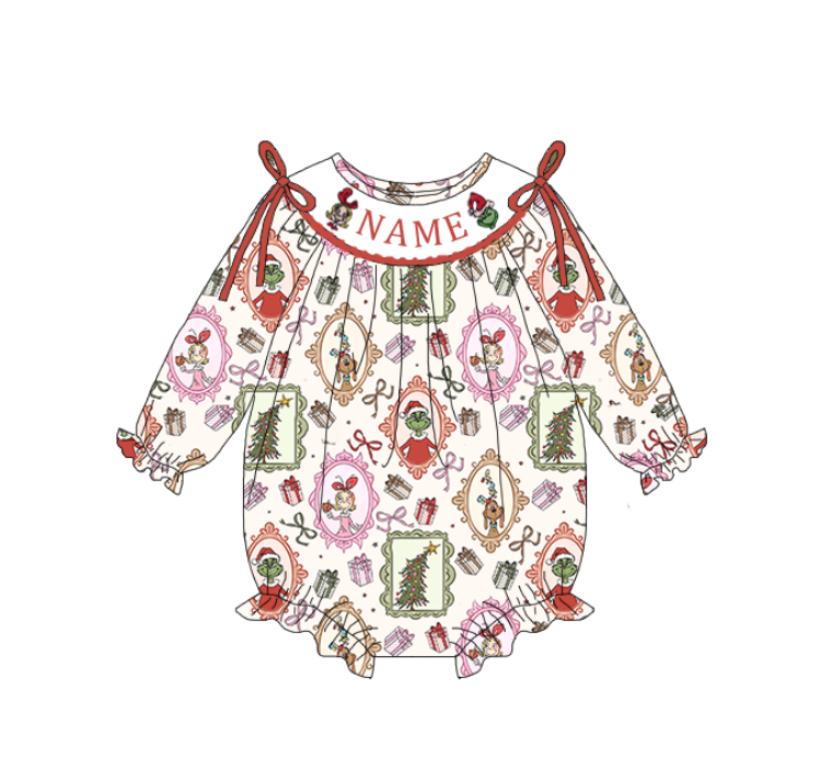 (Pre Order)Sisters Christmas Cartoon Embroidery Smocked Dress,Pajamas&Romper