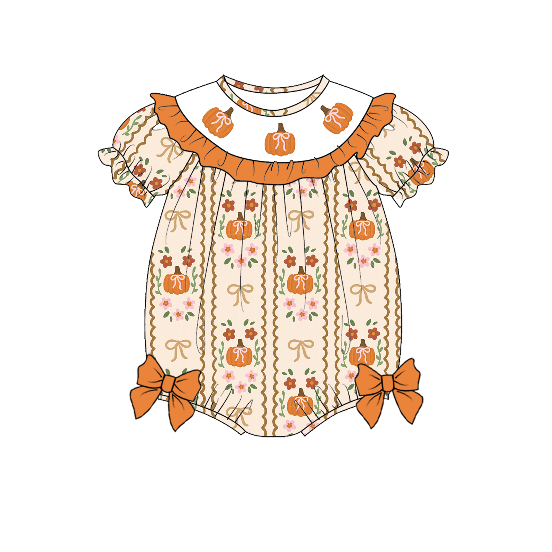 (Pre Order)Sibling Halloween Pumpkin Embroidery Smocked Dress,Romper&Set