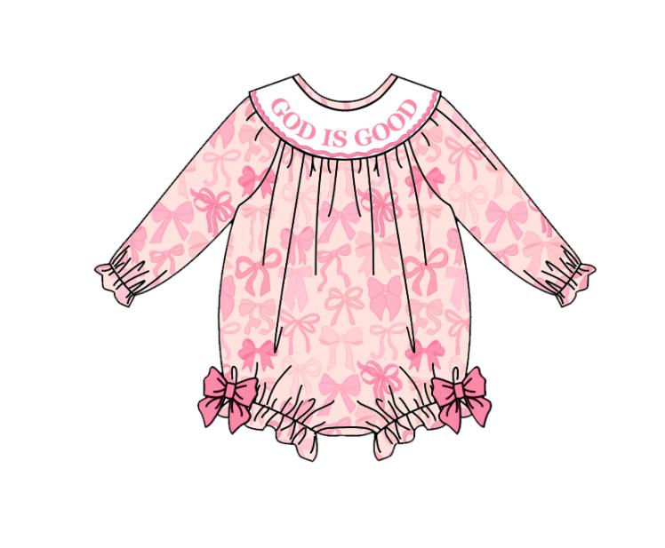 (Pre Order)Sisters Fall Pink Bow Embroidery Smocked Dress&Romper