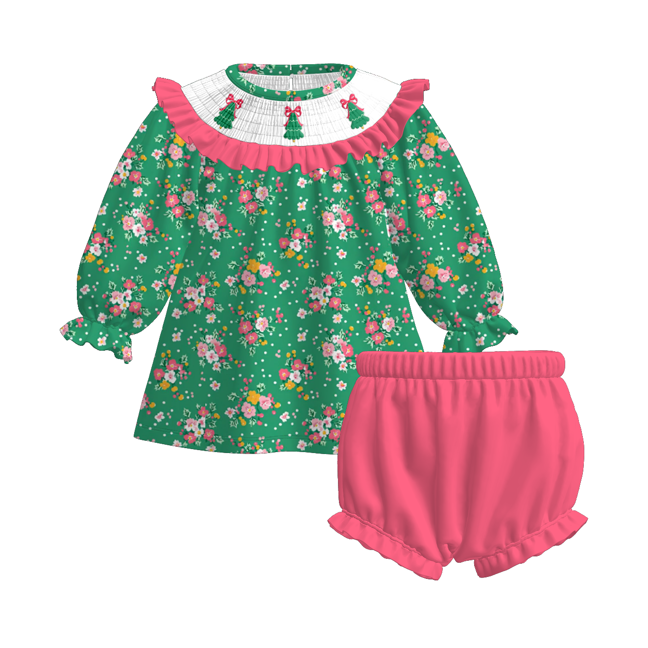 (Pre Order)Sisters Christmas Tree Embroidery Smocked Dress&Romper