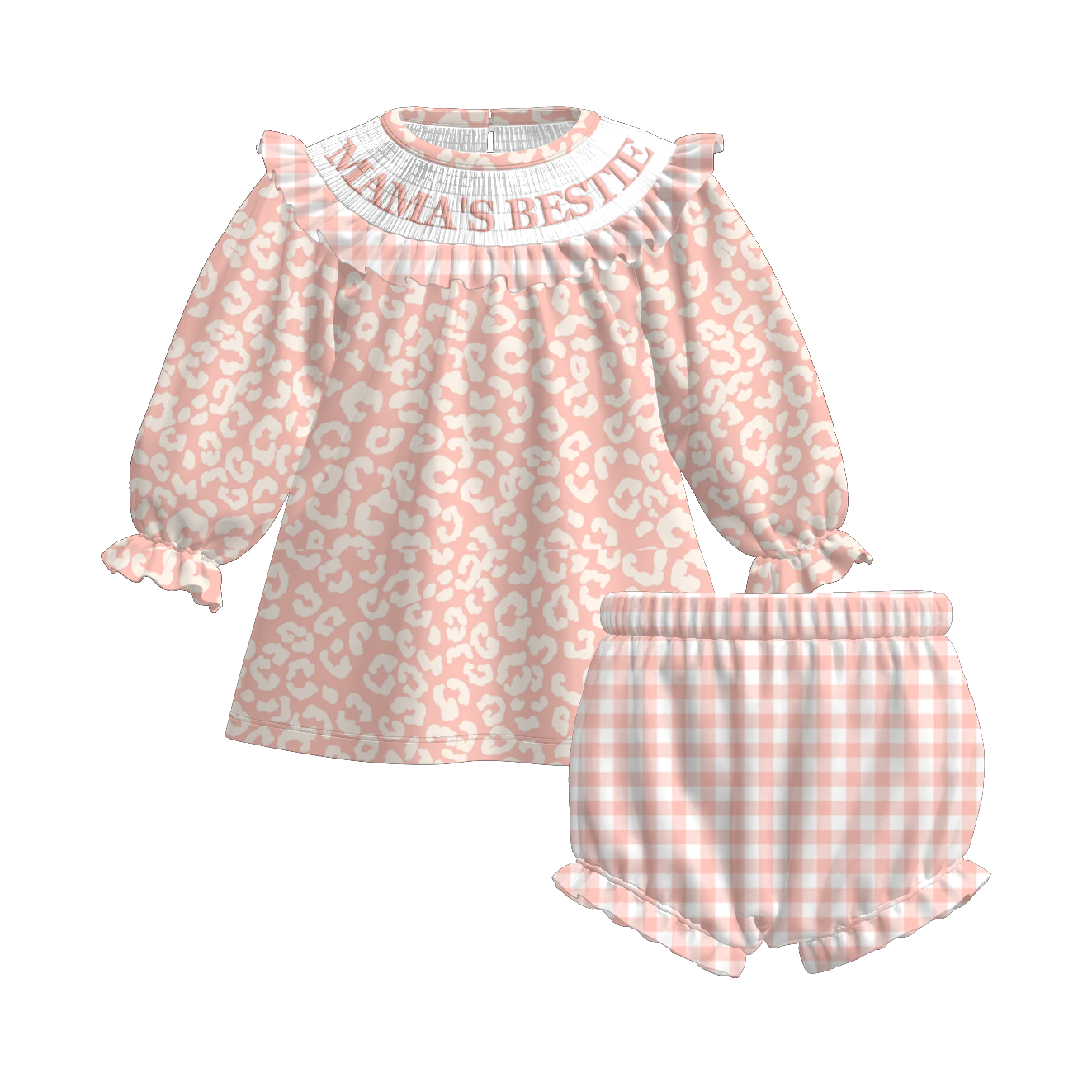 (Pre Order)Sisters Fall Pink Leopard Embroidery Smocked Dress&Romper