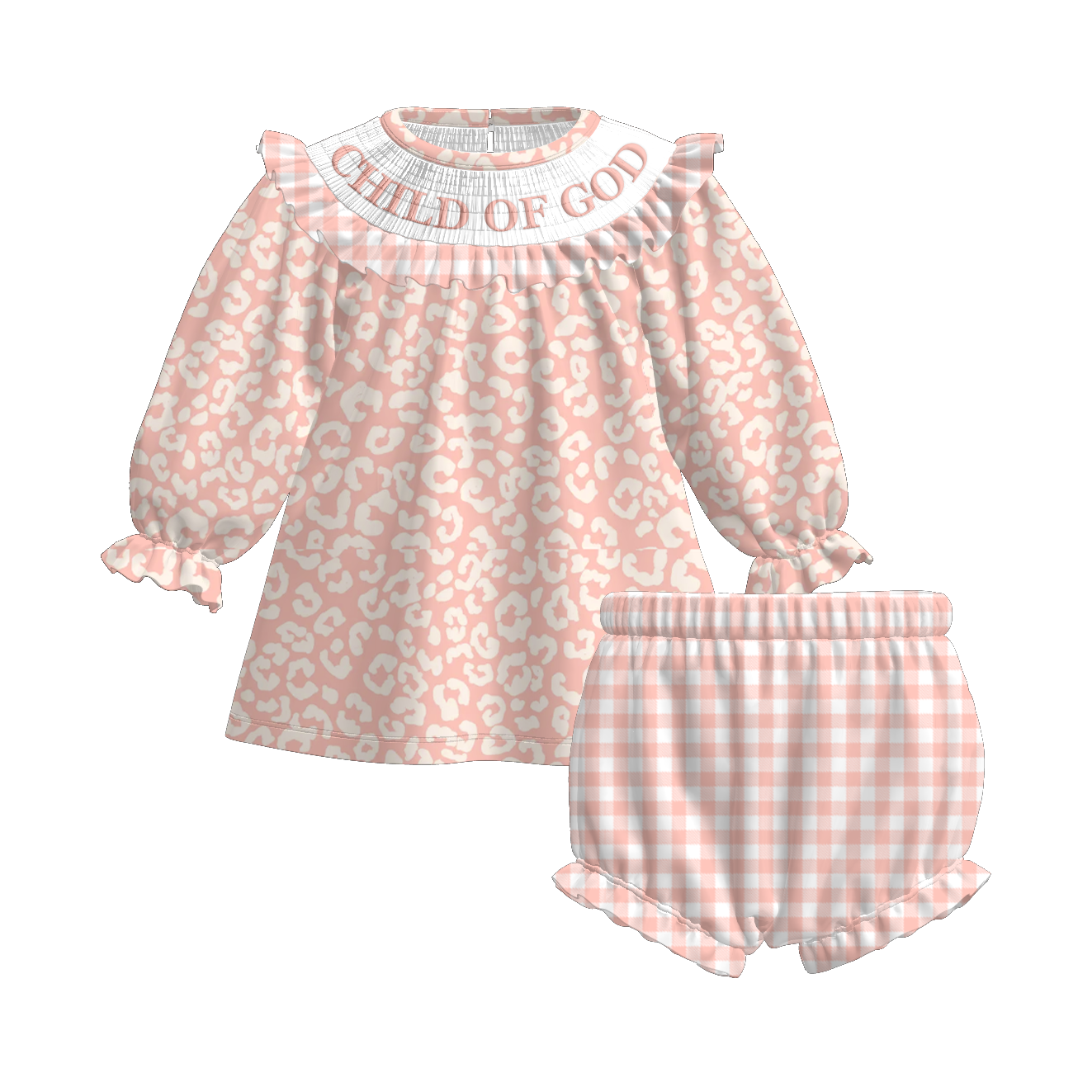 (Pre Order)Sisters Fall Pink Leopard Embroidery Smocked Dress&Romper
