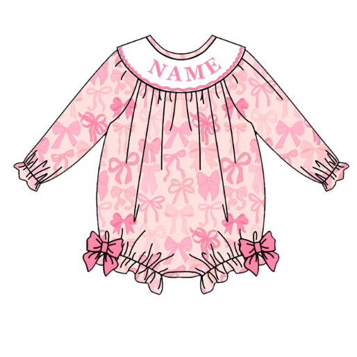 (Pre Order)Sisters Fall Pink Bow Embroidery Smocked Dress&Romper