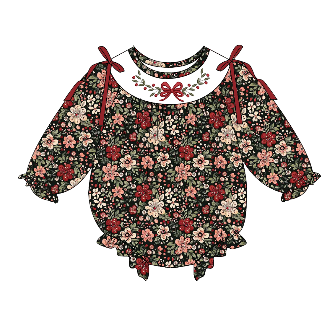 (Pre Order)Family Christmas Floral Embroidery Smocked Dress&Romper