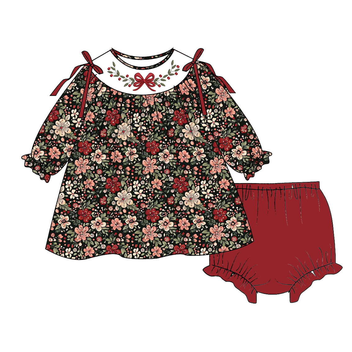 (Pre Order)Family Christmas Floral Embroidery Smocked Dress&Romper