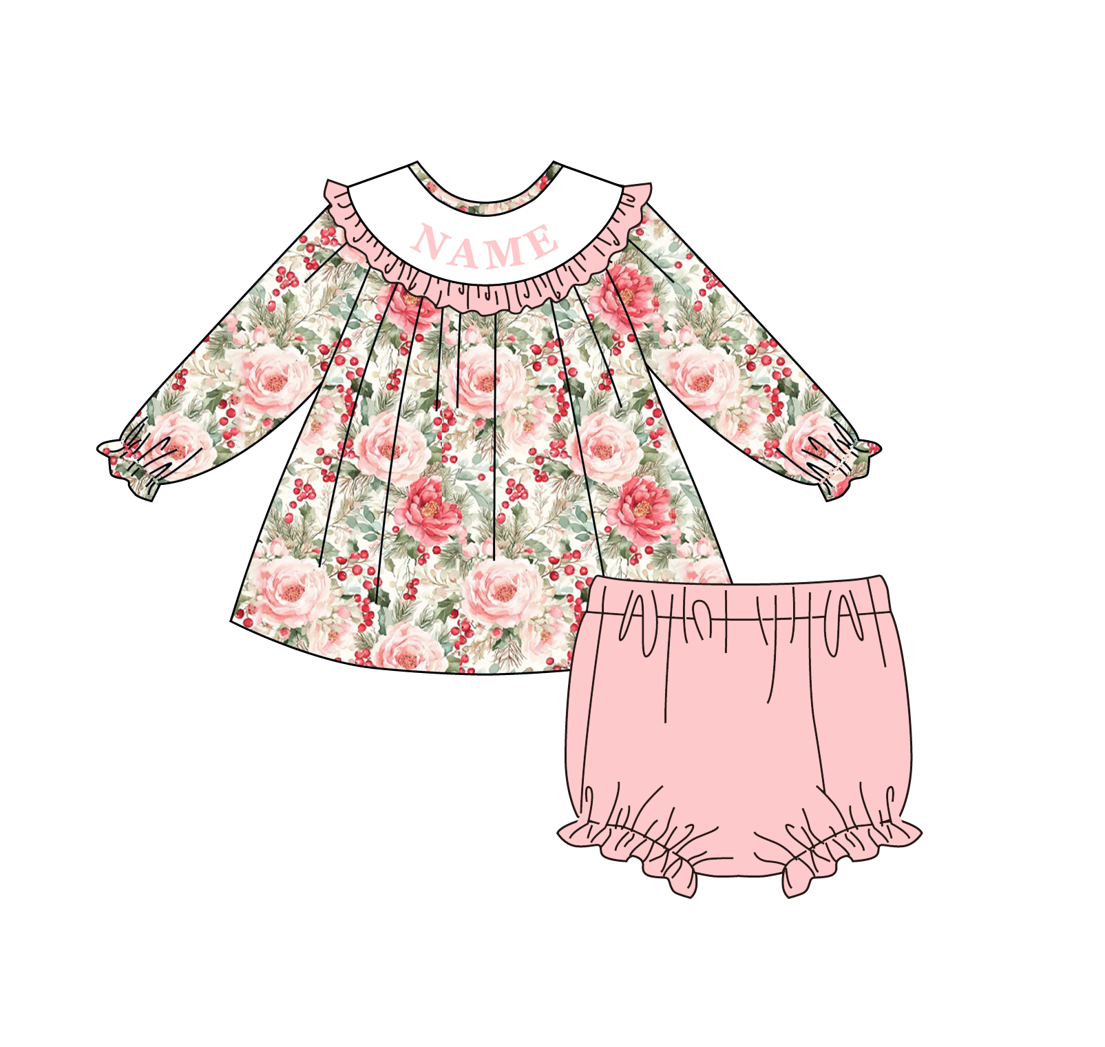 (Pre Order)Family Christmas Floral Embroidery Smocked Set&Romper