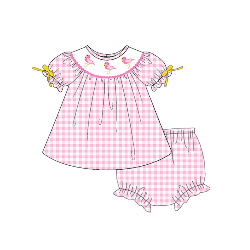 (Pre Order)Sisters Spring Flamingo Embroidery Smocked Dress&Romper