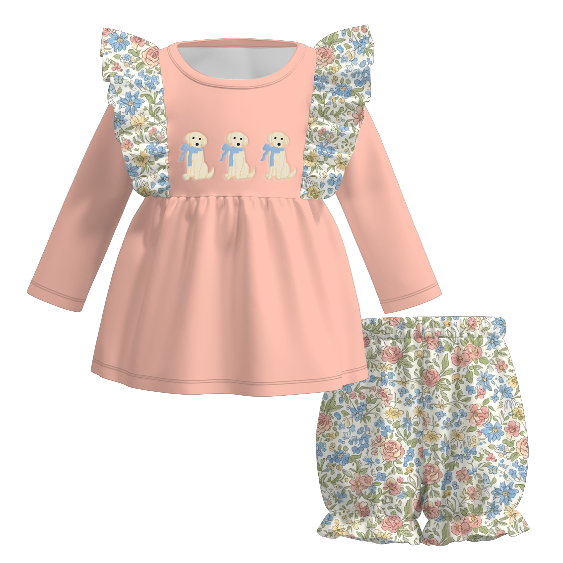 (Pre Order)Sisters Spring&Summer Puppy Embroidery Set&Romper