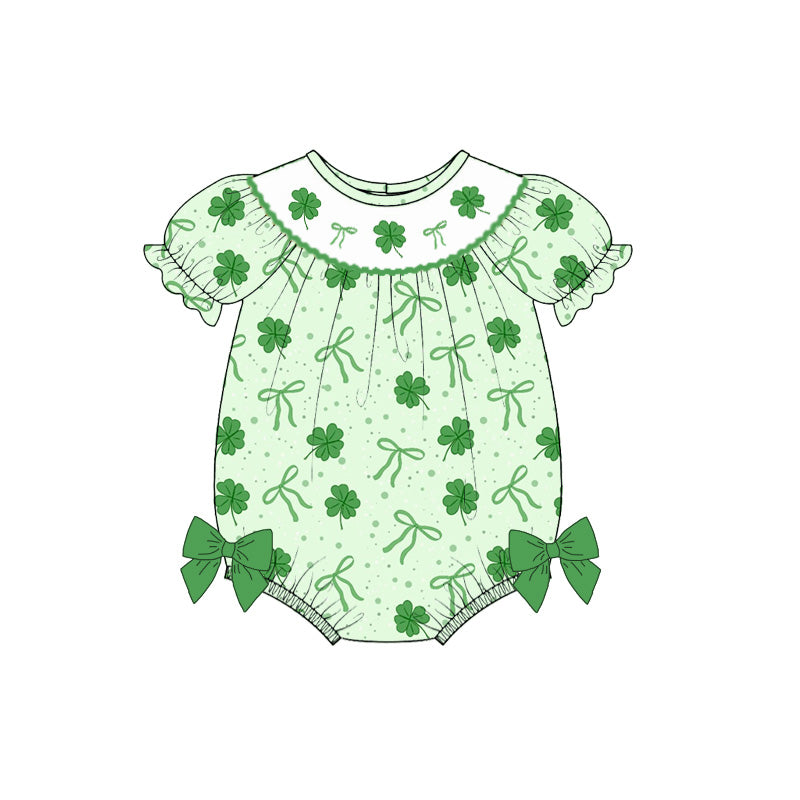(Pre Order)Sisters St. Patrick's Day Shamrock Embroidery Smocked Dress&Romper