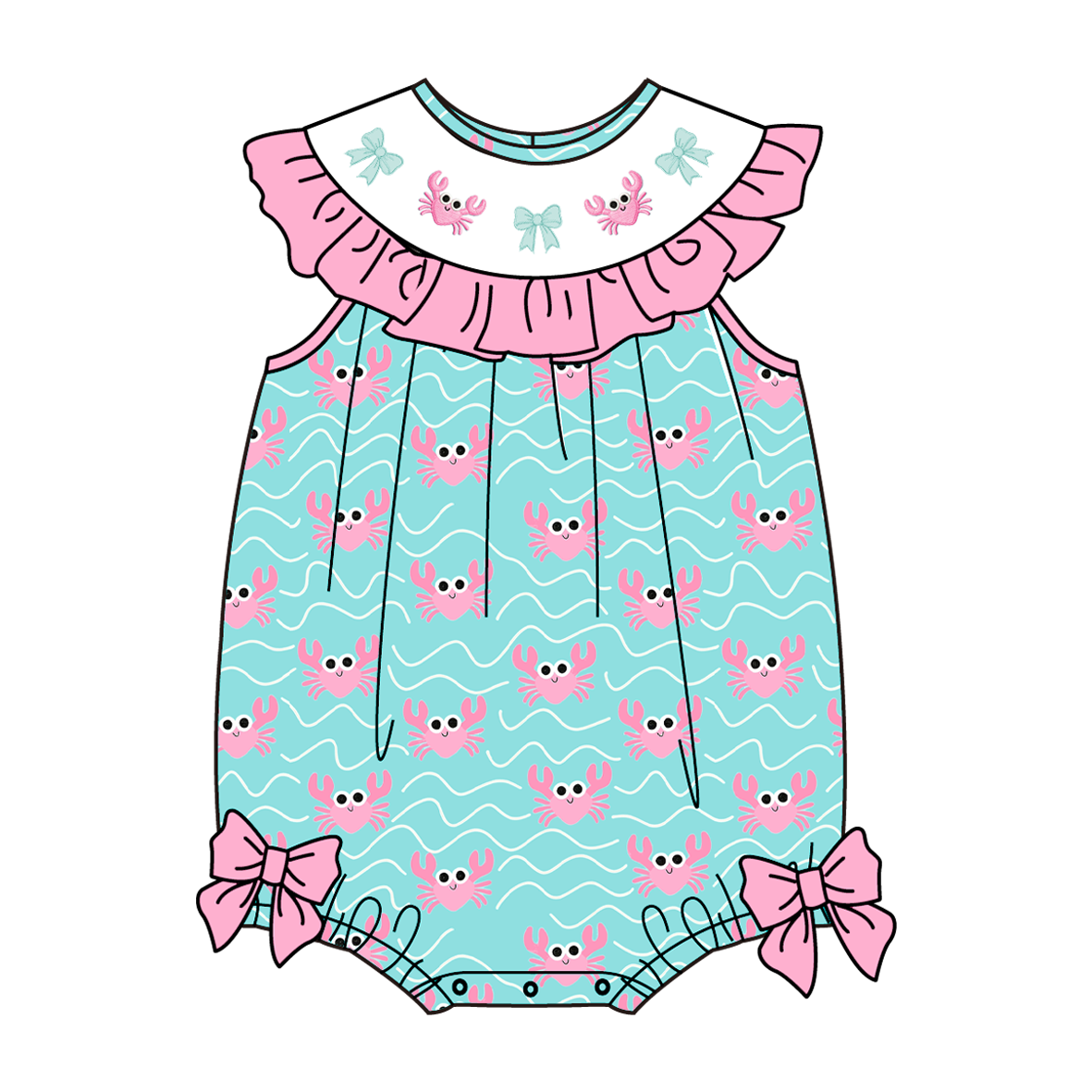 (Pre Order)Siblings Summer Crab Embroidery Smocked Dress,Bloomer Set&Romper