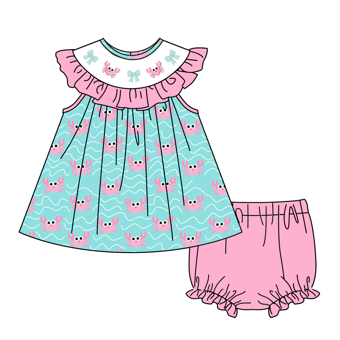 (Pre Order)Siblings Summer Crab Embroidery Smocked Dress,Bloomer Set&Romper