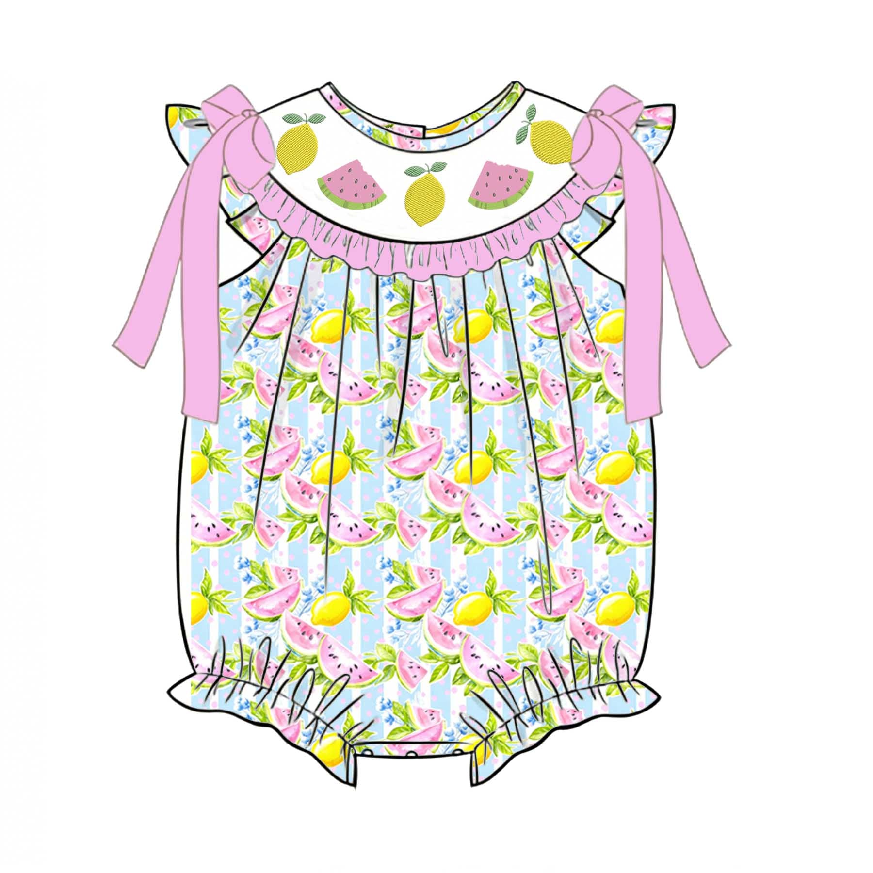 (Pre Order)Sisters Summer Watermelon&Lemon Embroidery Smocked Dress&Romper-Customized Name