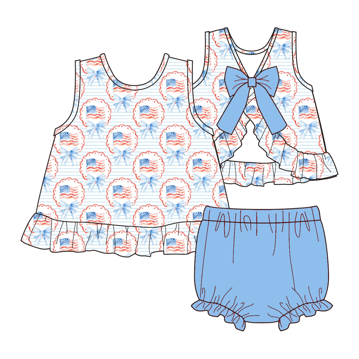 (Pre Order)Family Summer Patriotic Print Dress,Set&Romper