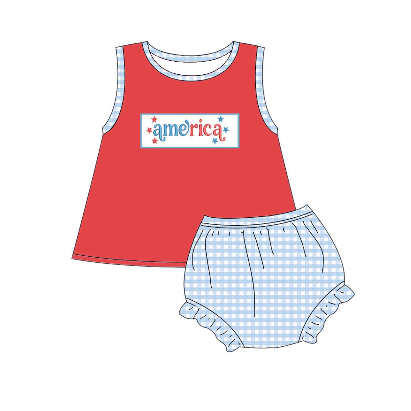 (Pre Order)Siblings Patriotic America Embroidery Smocked Set&Romper-Customized name