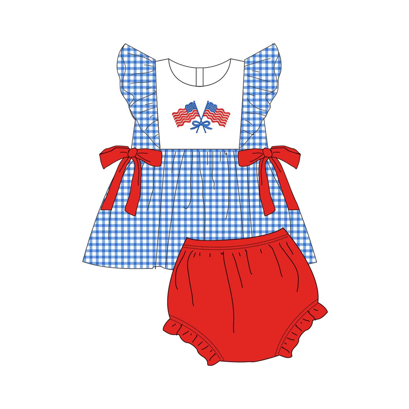 (Pre Order)Sisters Patriotic Embroidery Dress,Romper&Bloomer Set