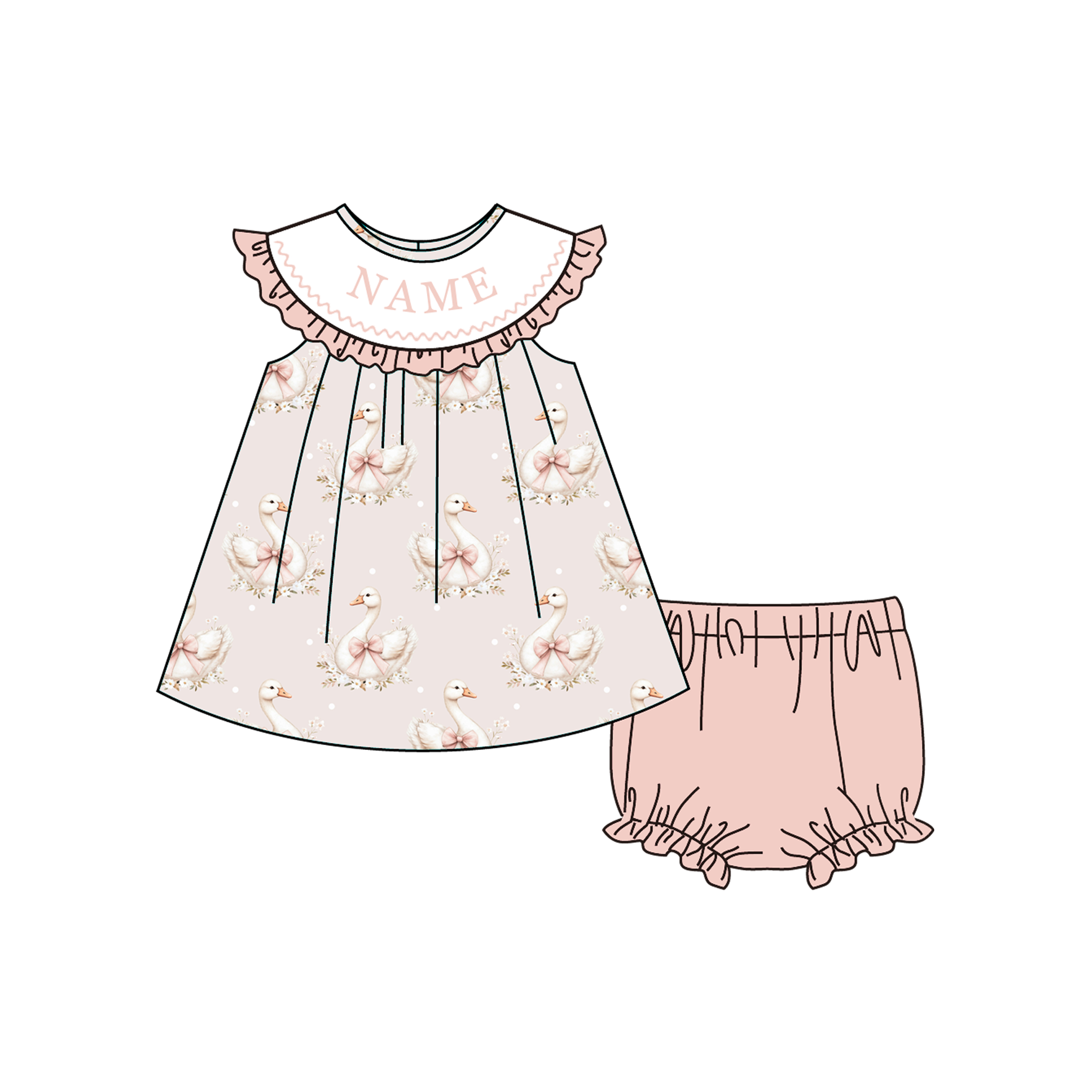 (Pre Order)Sisters Spring&Summer Goose Embroidery Smocked Dress,Set&Romper-Customized name