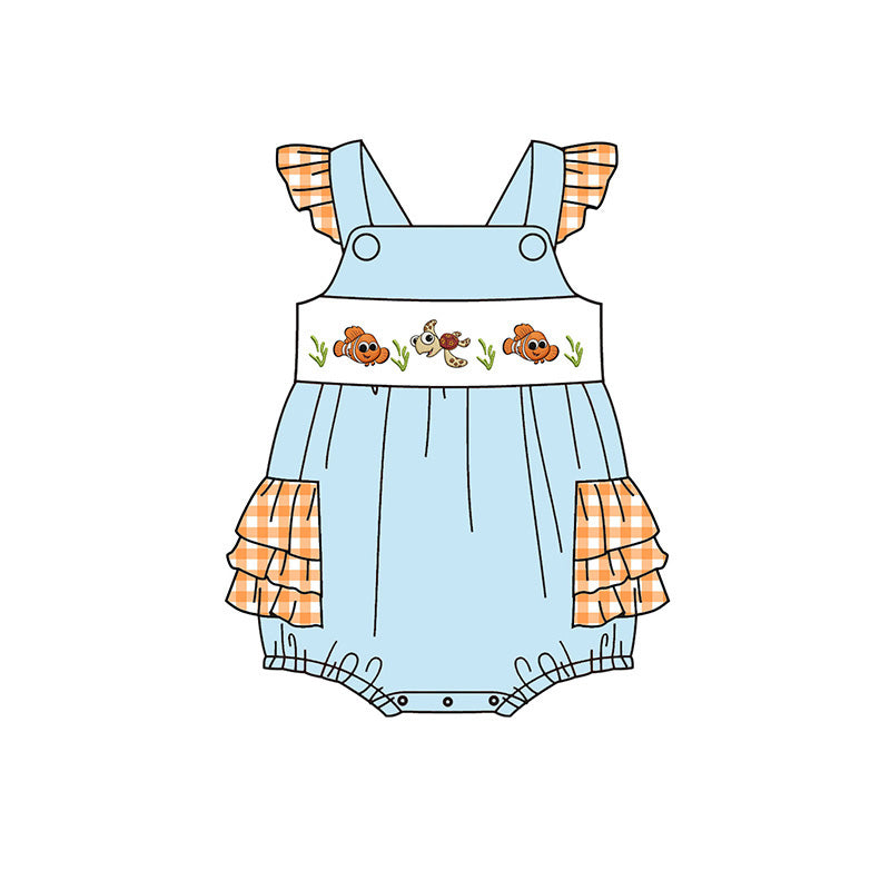 (Pre Order)Siblings Spring&Summer Cartoon Fish Embroidery Smocked Dress,Set&Romper