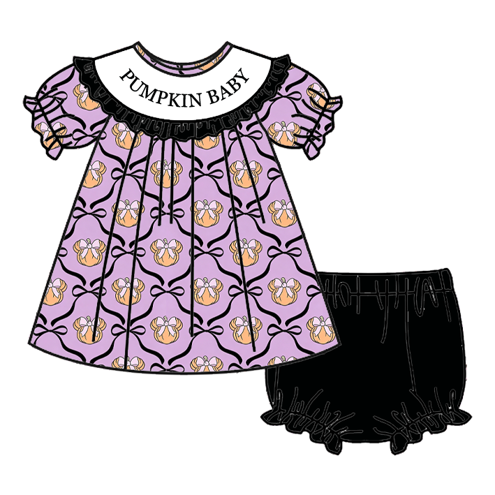 (Pre Order)Girls Halloween Embroidery Smocked Romper&Bloomer Set