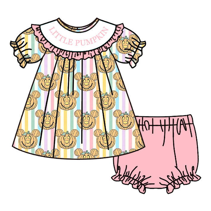 (Pre Order)Girls Halloween Embroidery Smocked Romper&Bloomer Set