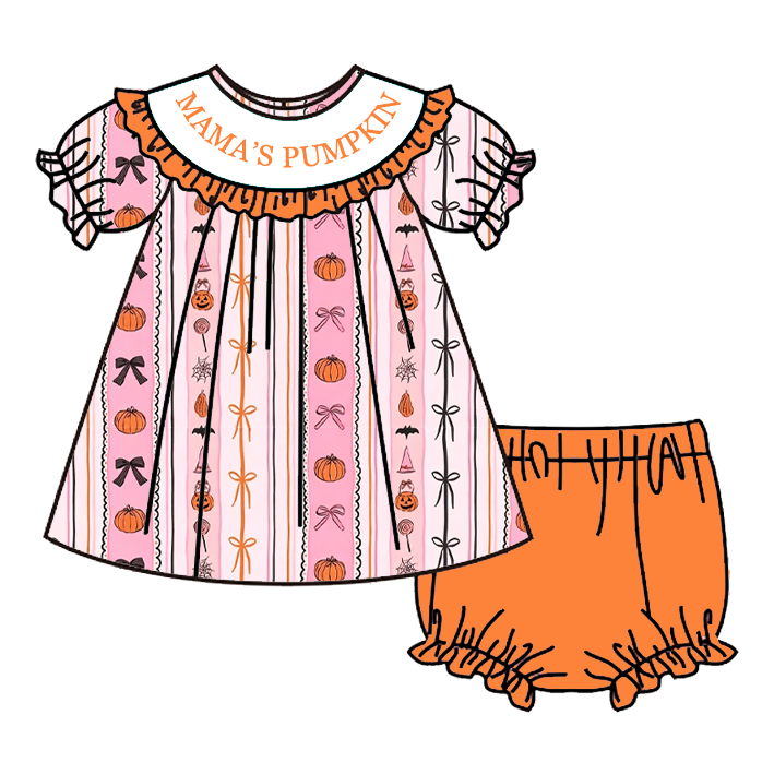 (Pre Order)Girls Halloween Embroidery Smocked Romper&Bloomer Set