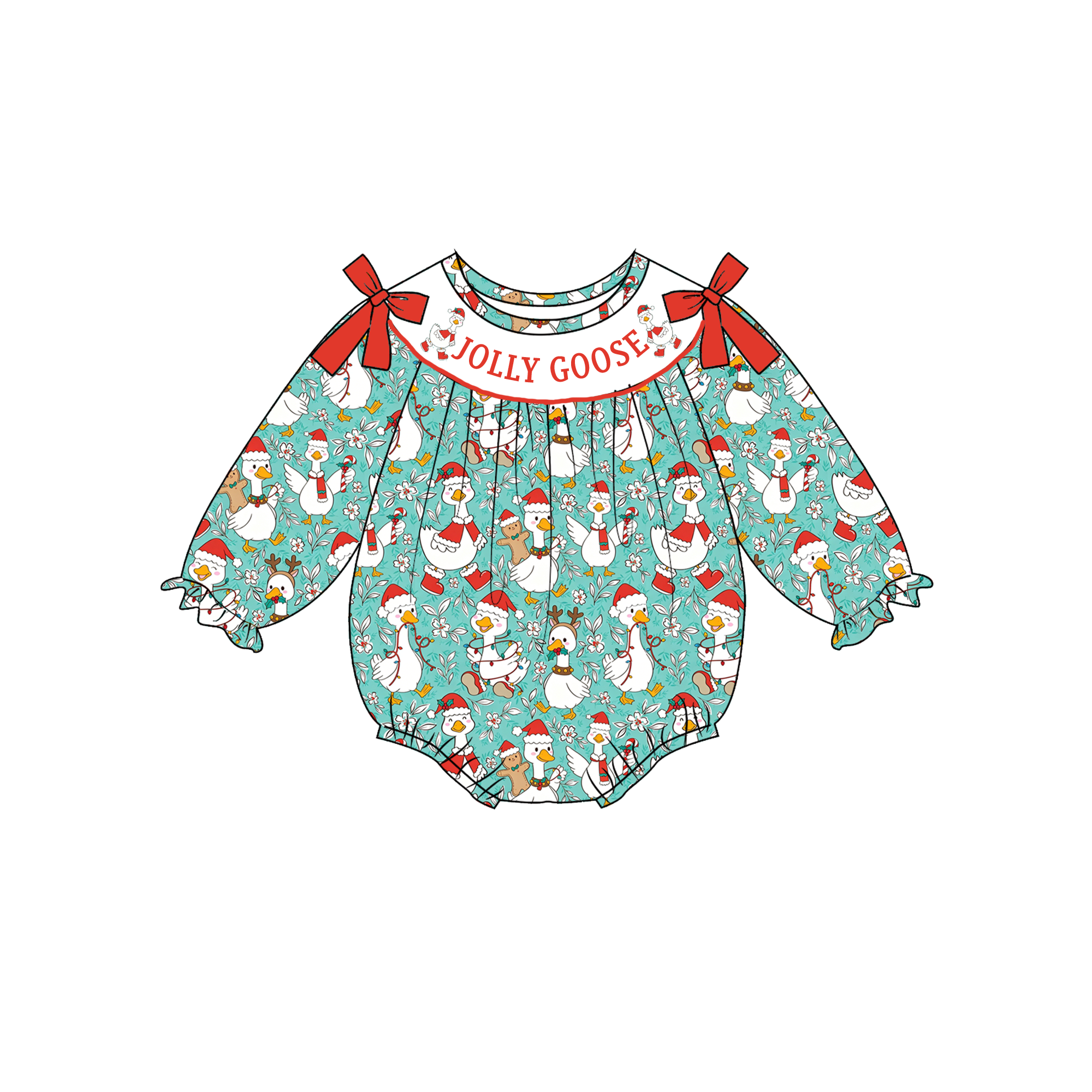(Pre Order)Girls Christmas Goose Embroidery Smocked Dress&Romper-Customized name