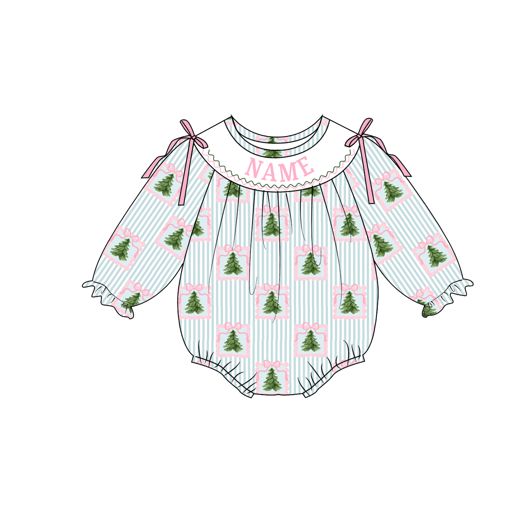 (Pre Order)Girls Christmas Tree Embroidery Smocked Dress&Romper-Customized name