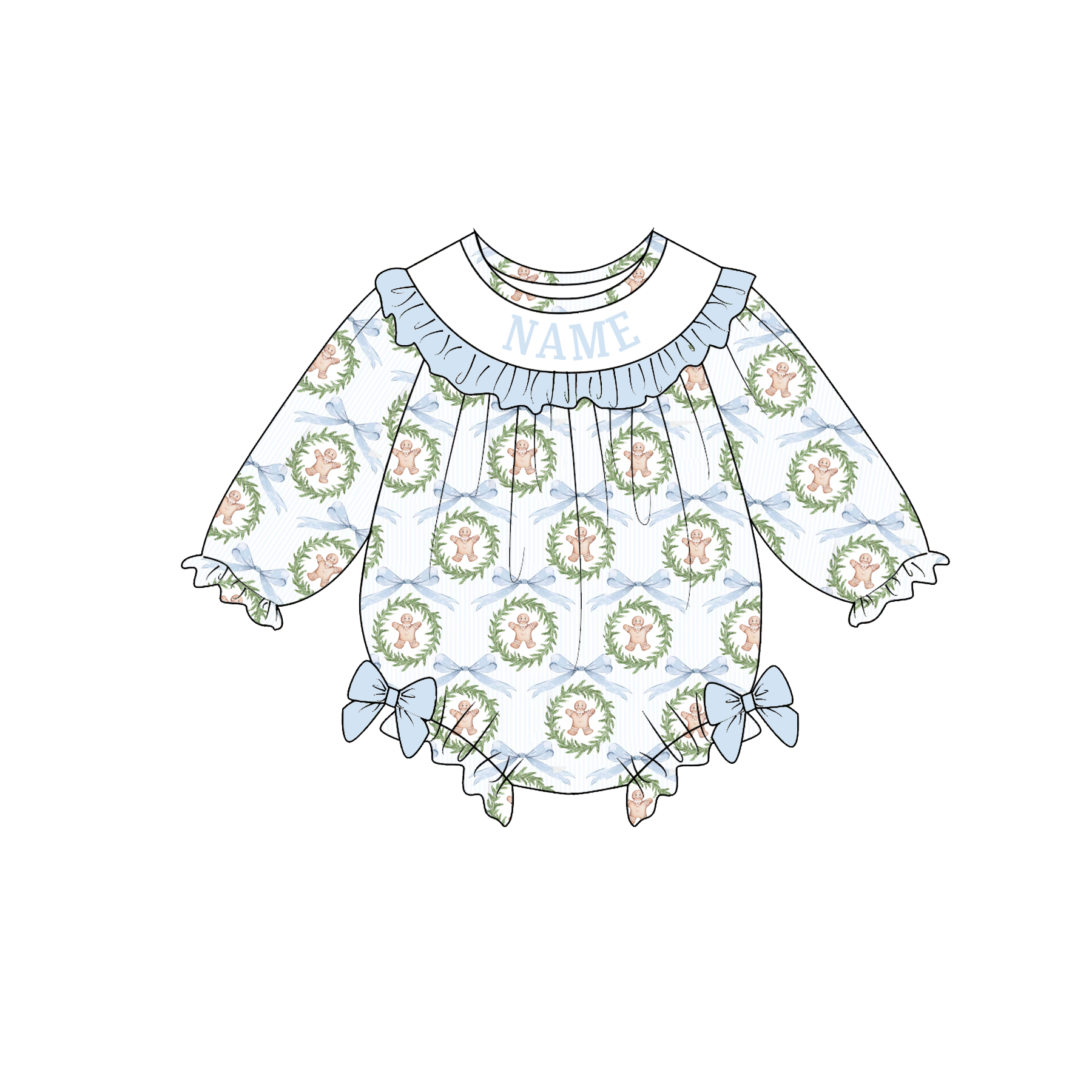 (Pre Order)Girls Christmas Gingerbread Embroidery Smocked Dress&Romper-Customized name