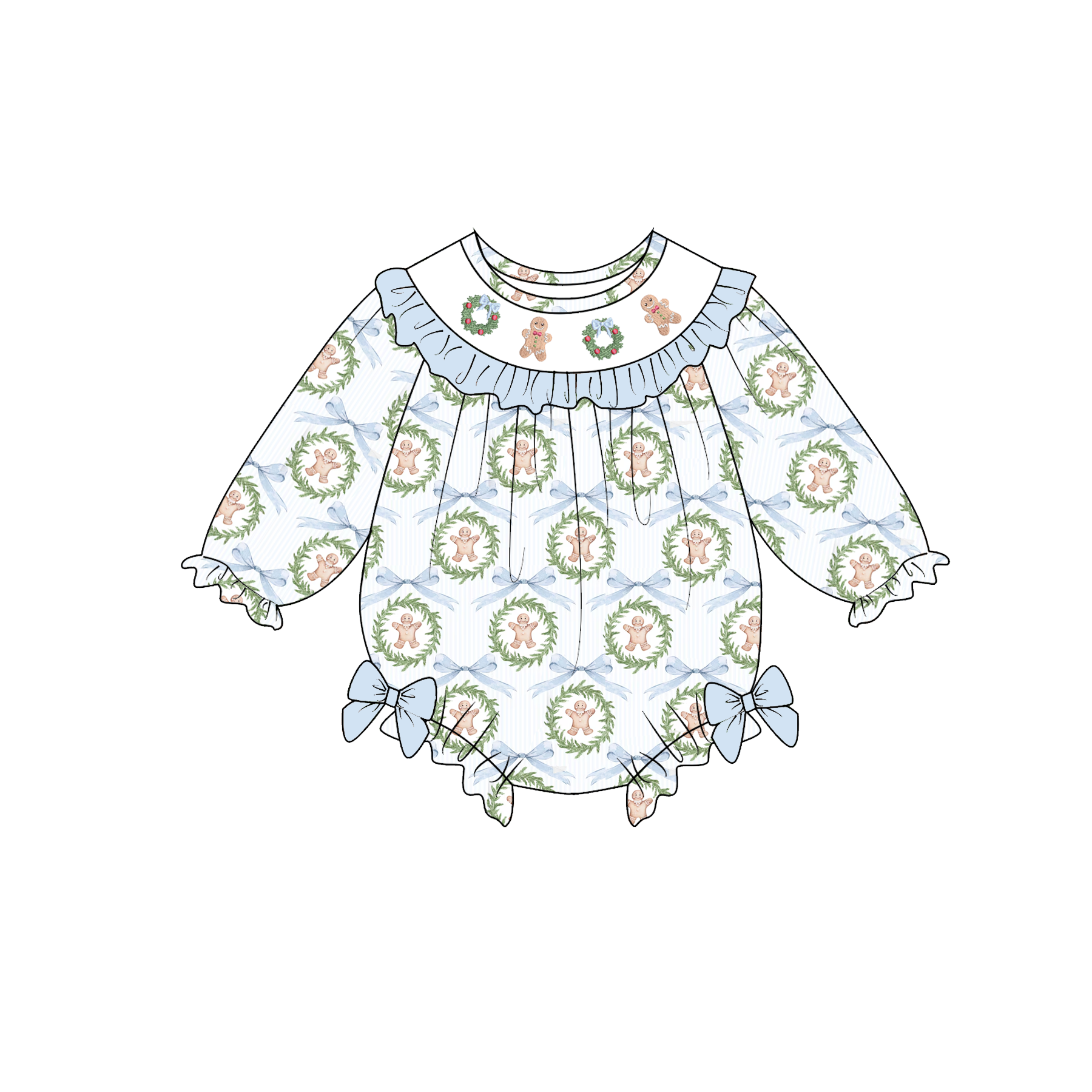 (Pre Order)Girls Christmas Gingerbread Embroidery Smocked Dress&Romper-Customized name