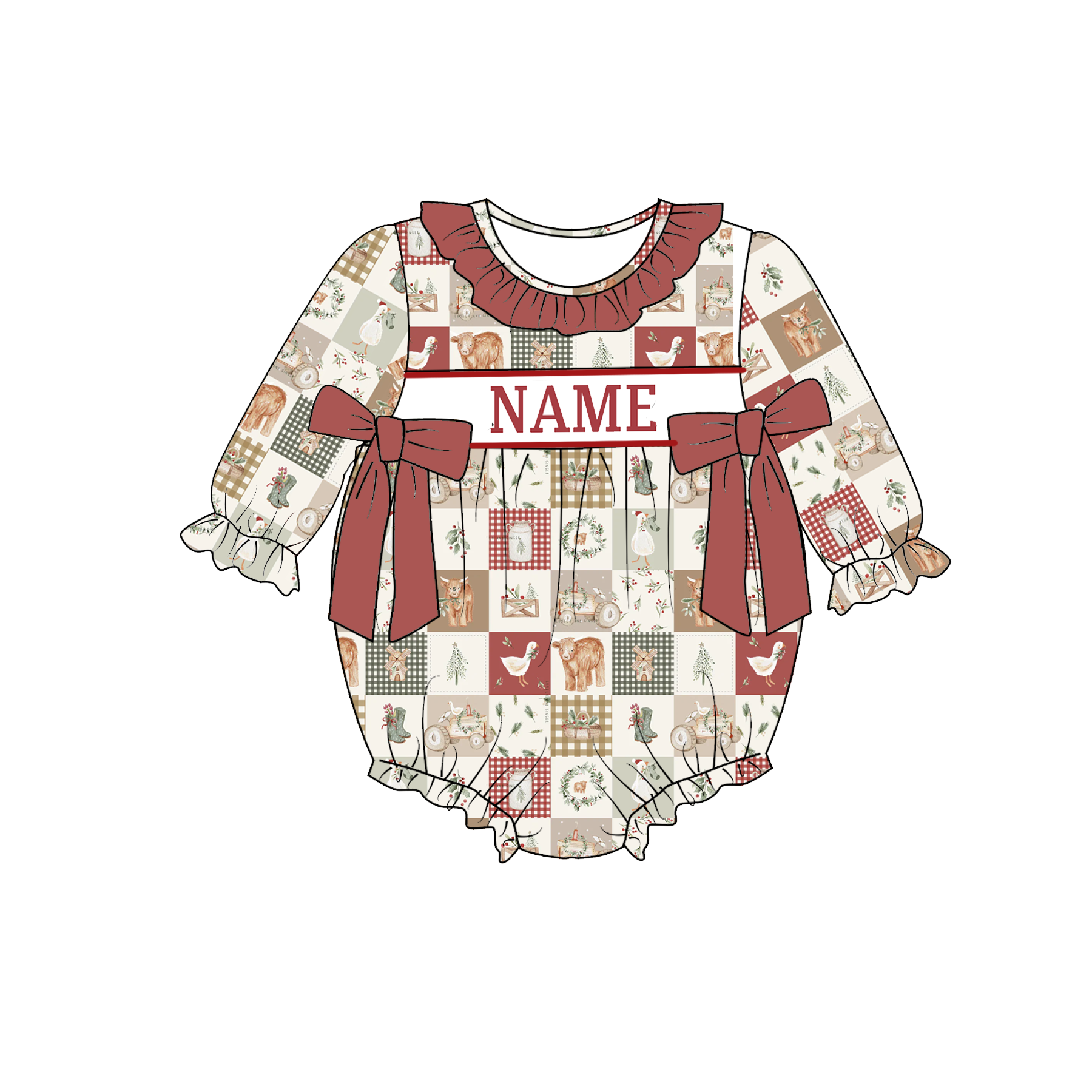(Pre Order)Girls Christmas Embroidery Smocked Dress&Romper-Customized name