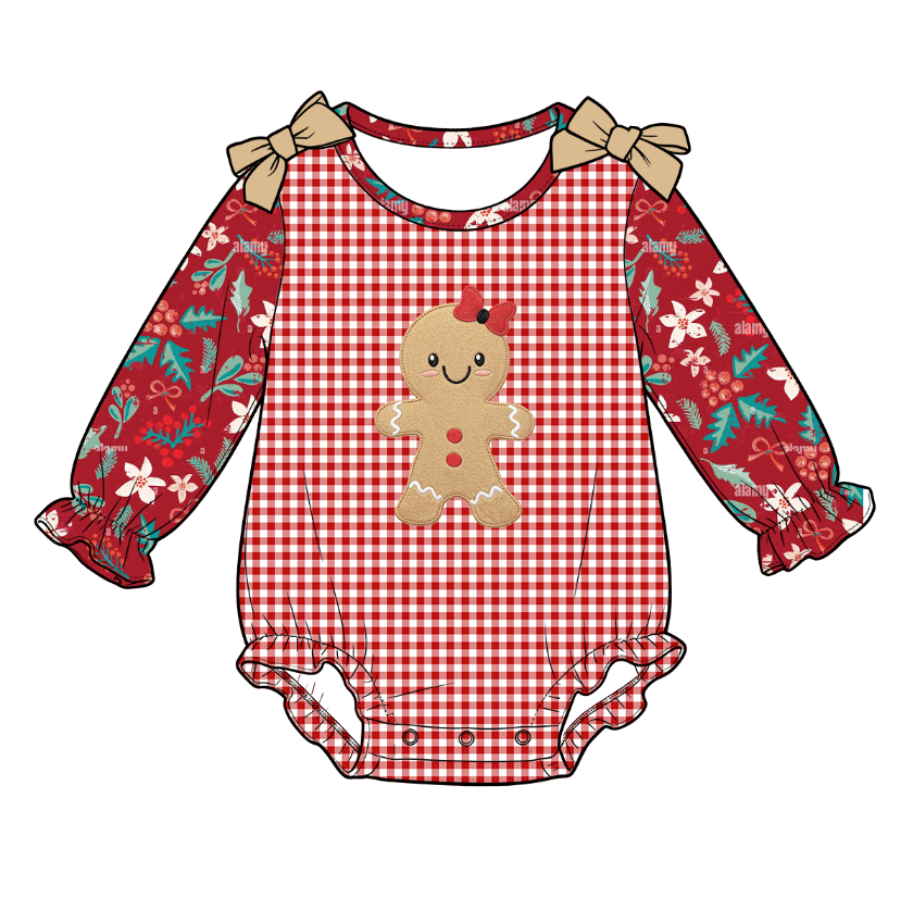 (Pre Order)Girls Christmas Gingerbread Applique Dress&Romper